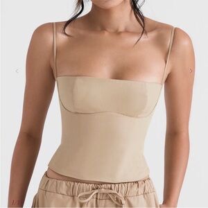 House of CB Audette Camel Structured Cotton Twill Corset Top